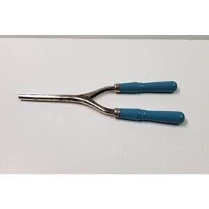 Vintage Hair Tongs, Blue Wood Handle Hair tongs, Curling Iron Metal Barrel